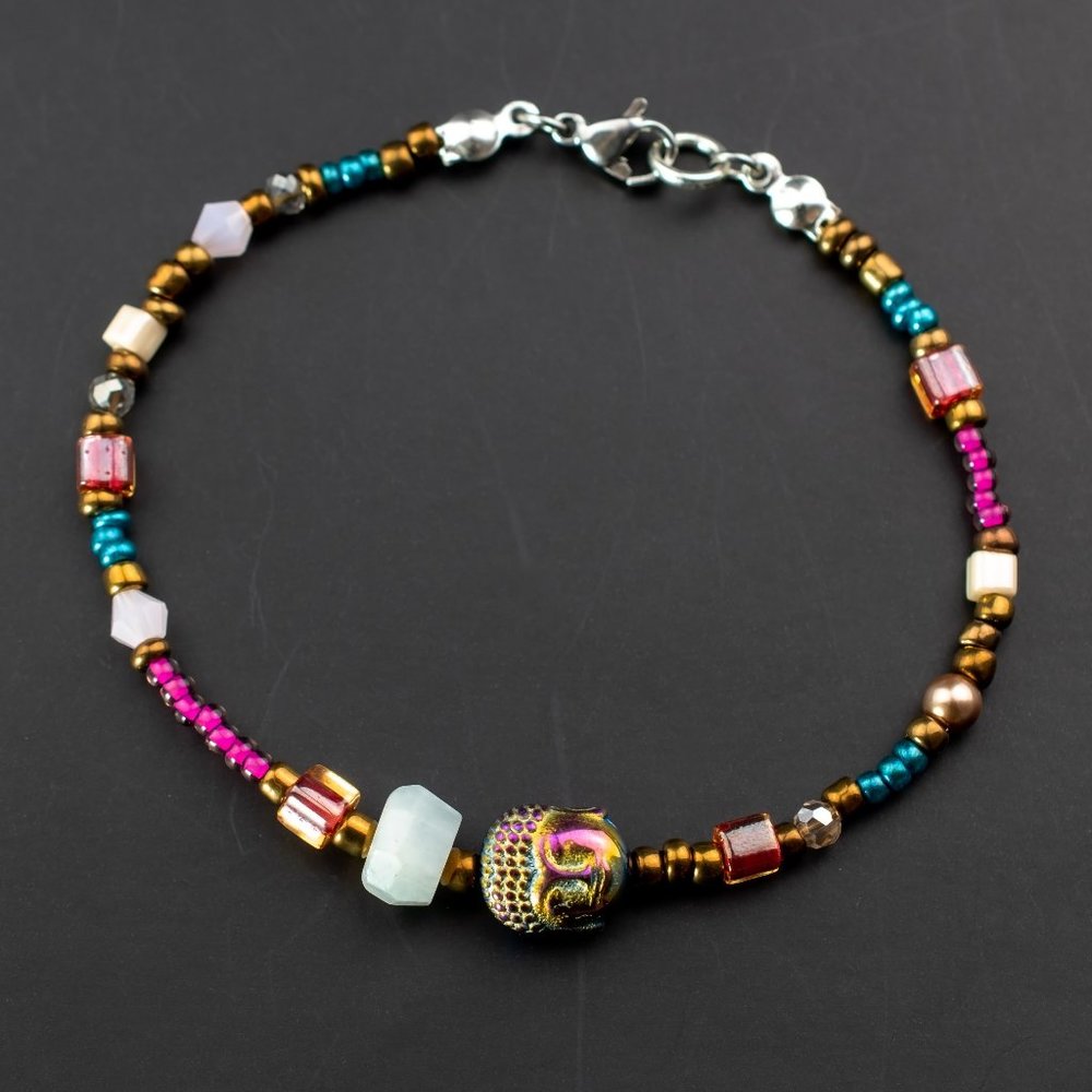 Multi stone bracelet, Buddha charm handmade jewelry